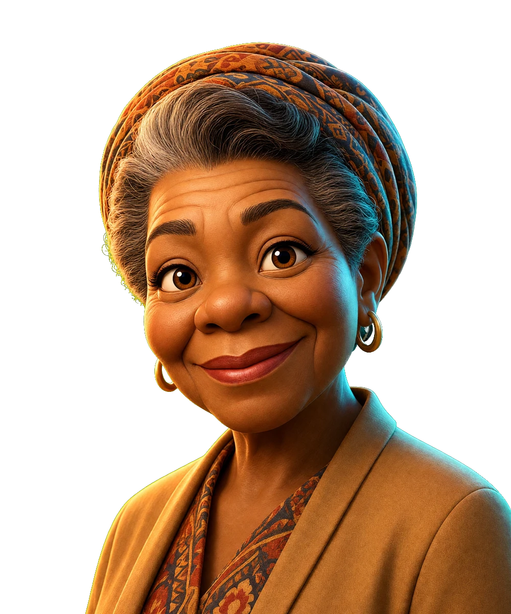 Illustrated portrait for the Maya Angelou seat. AI simulation, not a photo.