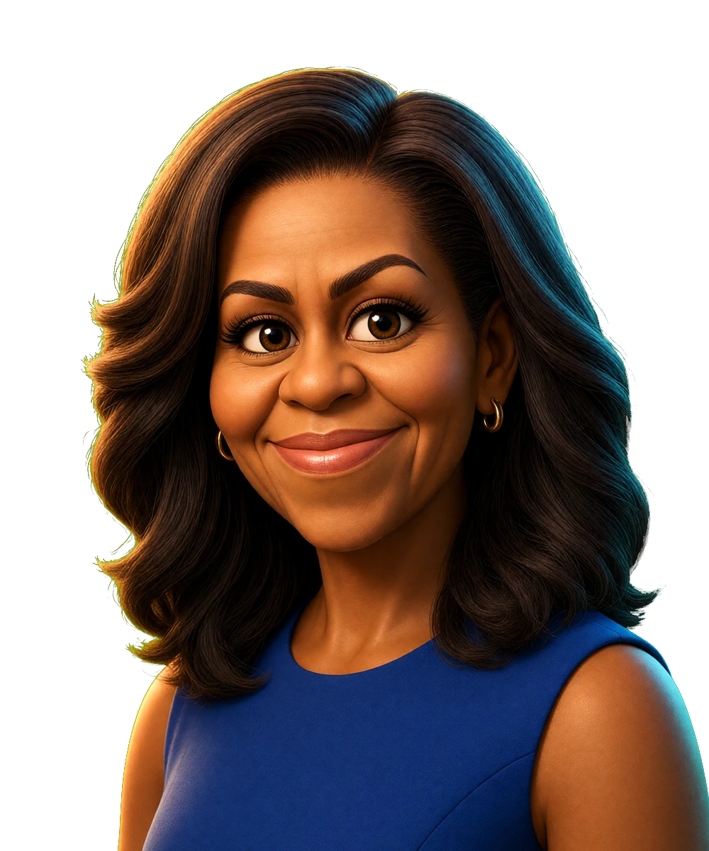 Illustrated portrait for the Michelle Obama seat. AI simulation, not a photo.