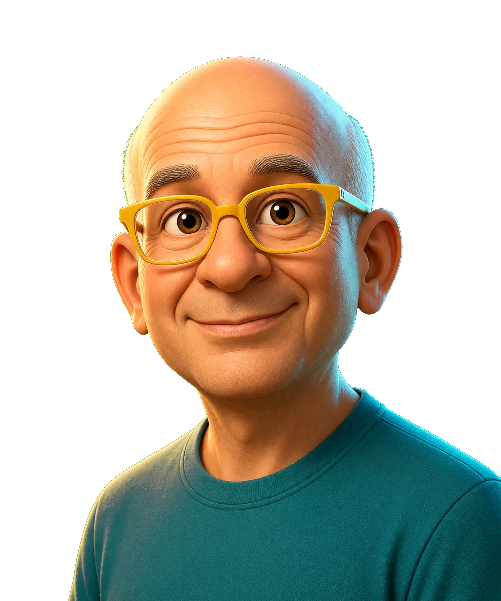 Illustrated portrait for the Seth Godin seat. AI simulation, not a photo.