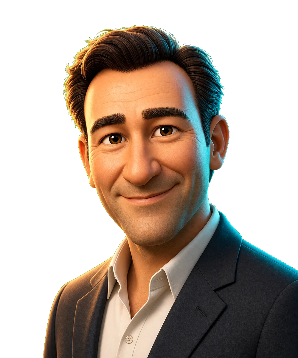 Illustrated portrait for the Simon Sinek seat. AI simulation, not a photo.