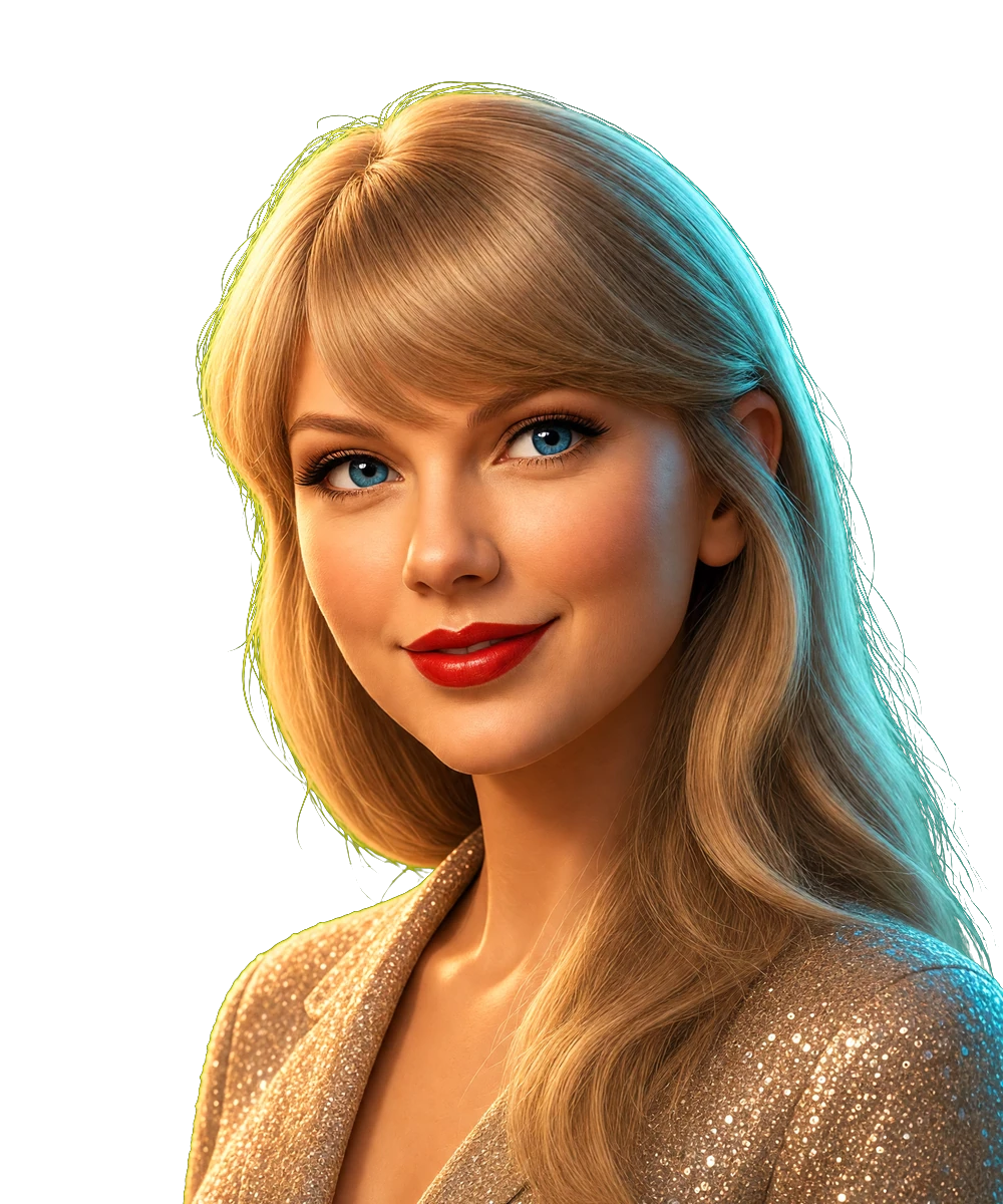 Illustrated portrait for the Taylor Swift seat. AI simulation, not a photo.