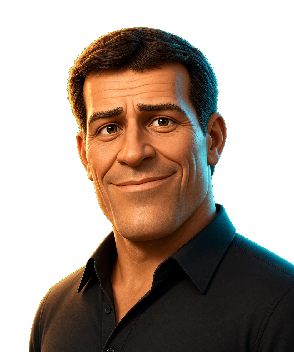 Illustrated portrait for the Tony Robbins seat. AI simulation, not a photo.