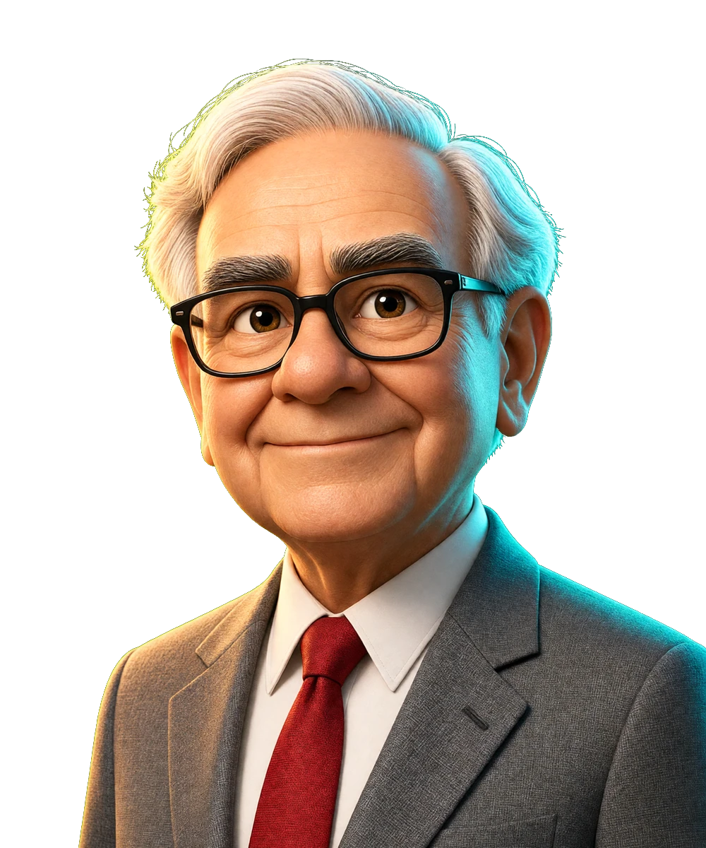 Illustrated portrait for the Warren Buffett seat. AI simulation, not a photo.